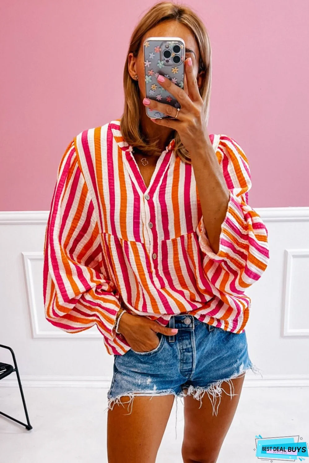 Orange Stripe Balloon Sleeve Notched V Neck Buttoned Front Blouse