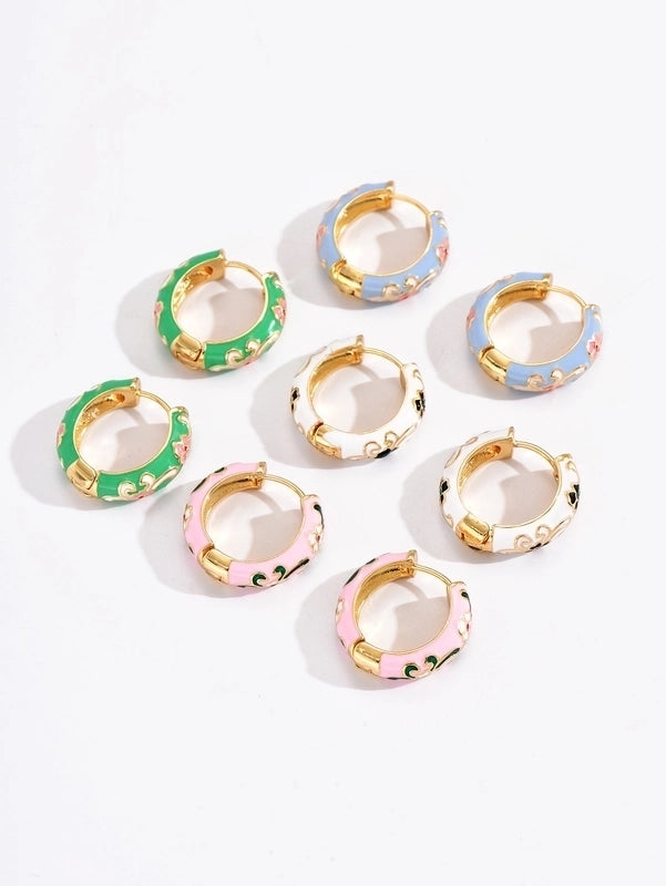 1 Pair Cute Bohemian Sweet Printing Flower Enamel Copper Hoop Earrings