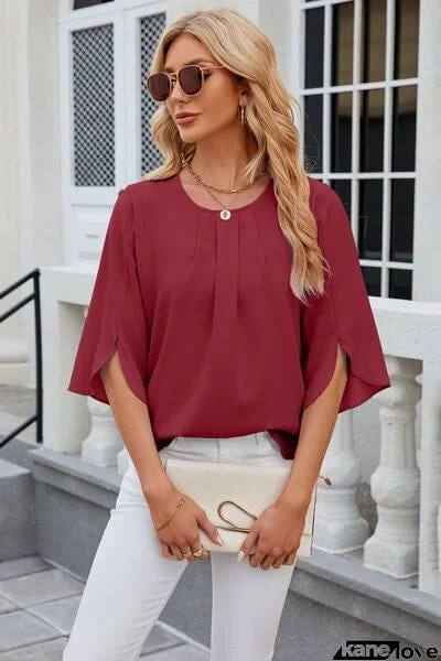 Round Neck Slit Half Sleeve Top