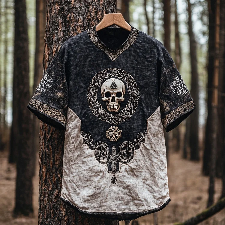 Men's Viking Tribal Skull Runes Embroidery Art Linen Crew Neck T Shirt