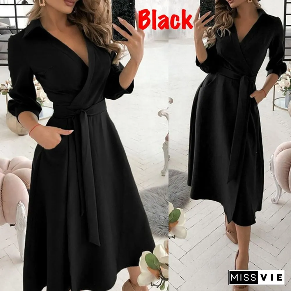 Fashion V-Neck Print Dress-SummerCasualBeltLacePartyLinePromLongSleeveLadiesTunic
