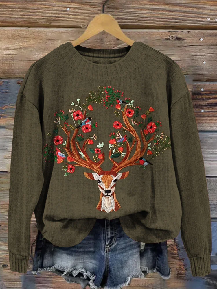 🔥kukelife🔥Floral Deer Embroidery Art Cozy Knit Sweater