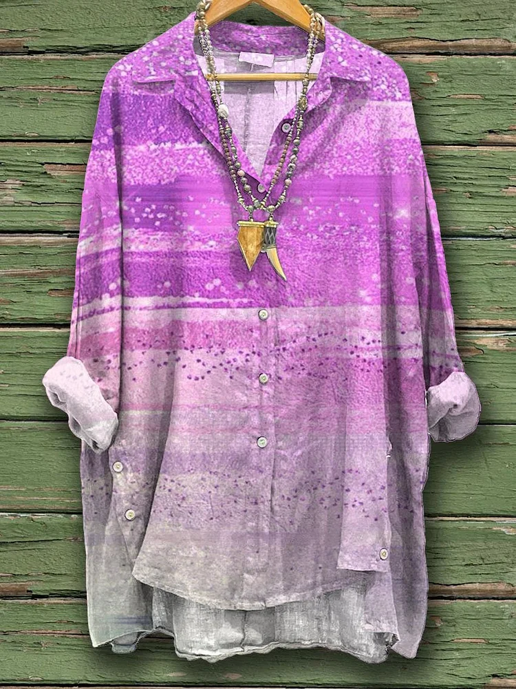 Women's Watercolor Gradient Color Print Casual Cotton And Linen Shirt