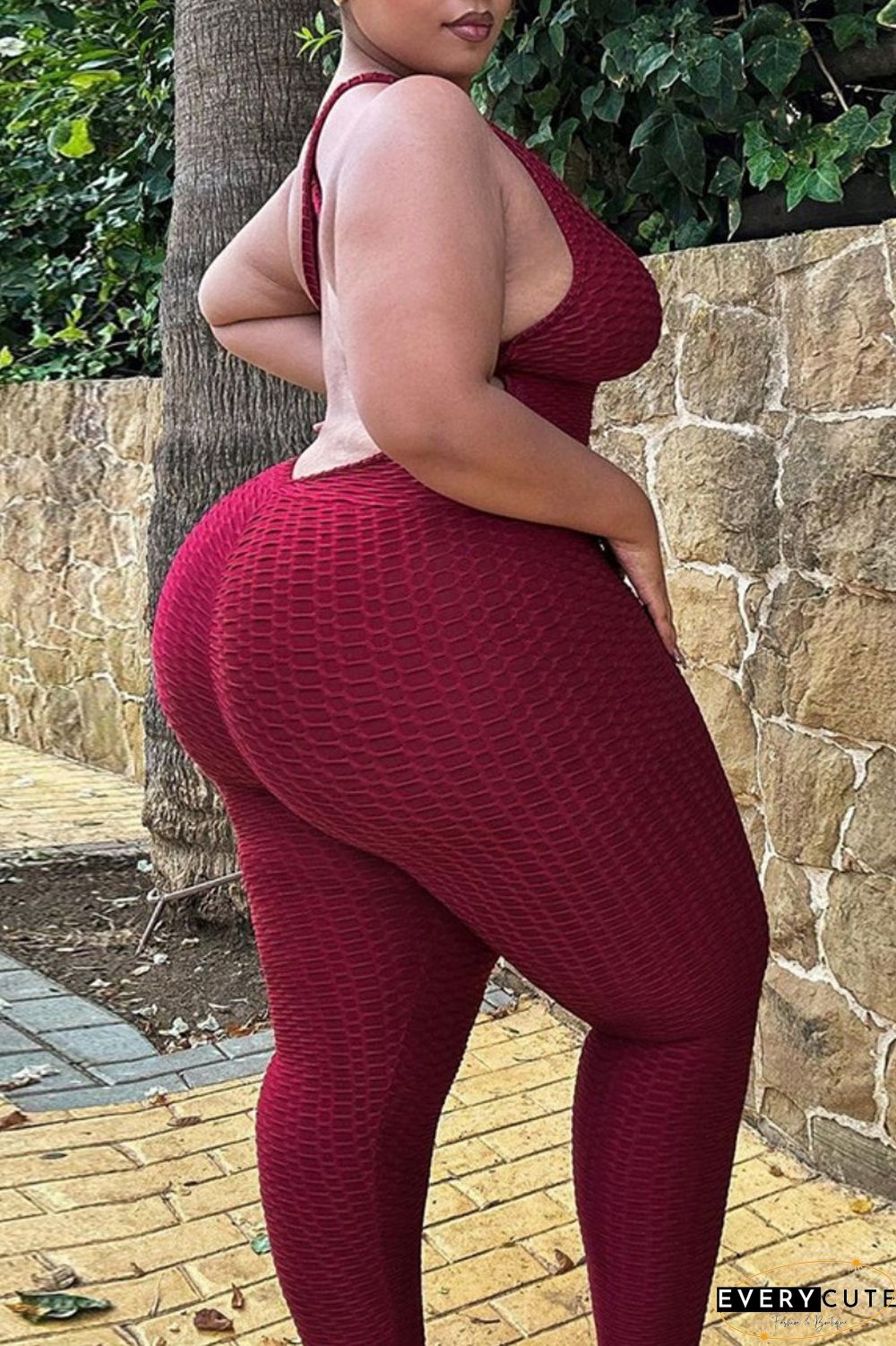 Pink Sexy Casual Solid Backless V Neck Plus Size Jumpsuits
