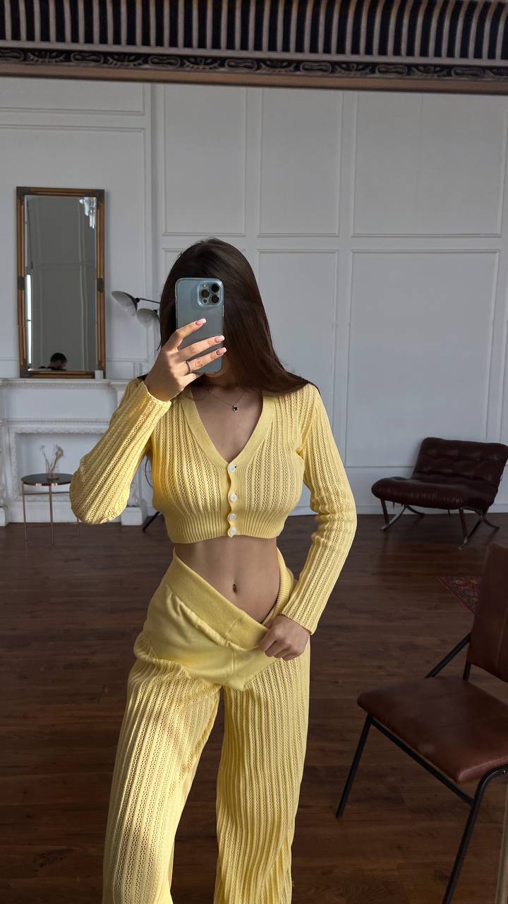 Ootddress Women Casual Knitted Sweater Outfits Buttons See-Through Long Sleeve High Waist Knit Two Piece Fashion Trousers Outfits