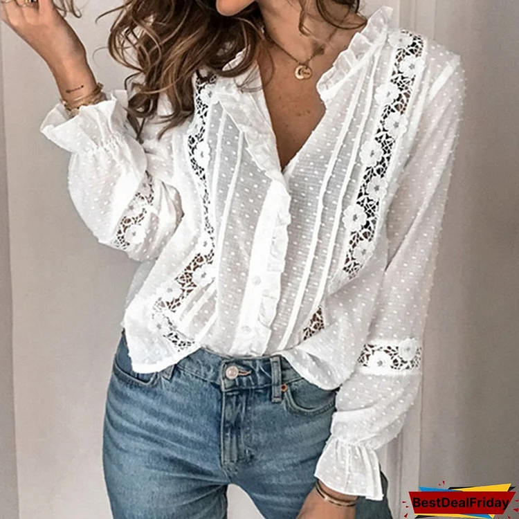 Holiday Spring Summer Chic White Blouse Vintage Hollow Out Female Office Ladies Tops Casual Lace Long Sleeve Short Tops