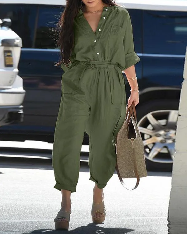 Casual Lapel Belt Cargo Jumpsuit