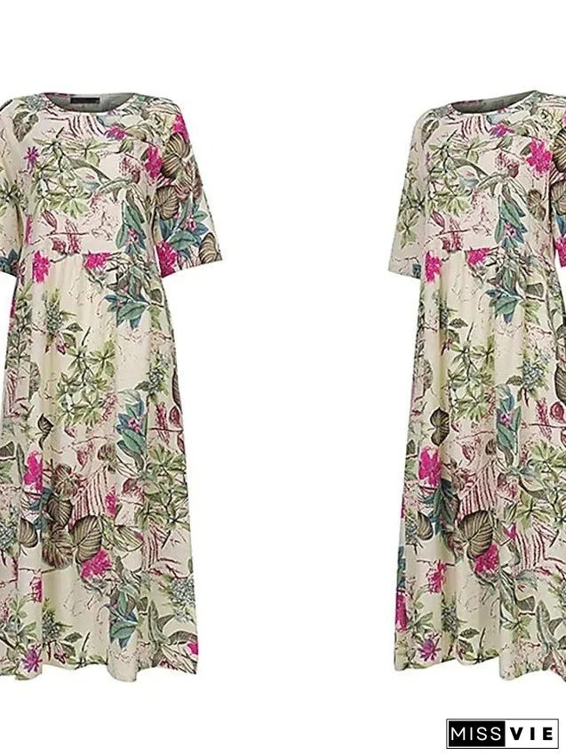 Women's Shift Dress Maxi Long Dress Red Navy Blue Yellow Half Sleeve Floral Print Spring Summer Round Neck Casual
