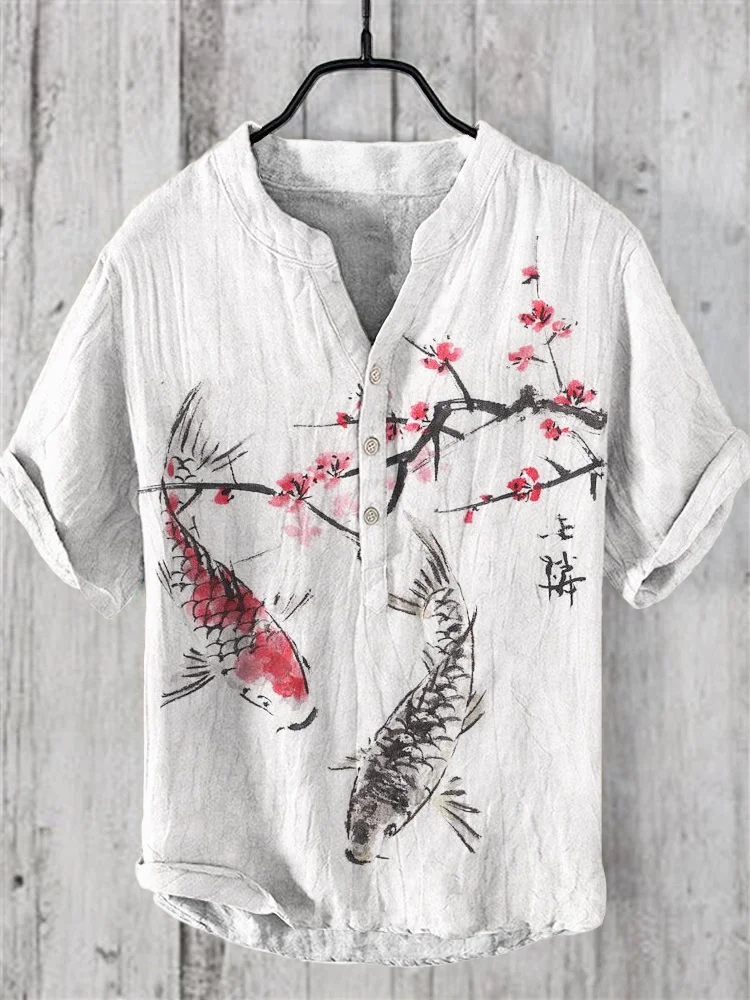 Koi & Plum Japanese Art Linen V-Neck Shirt