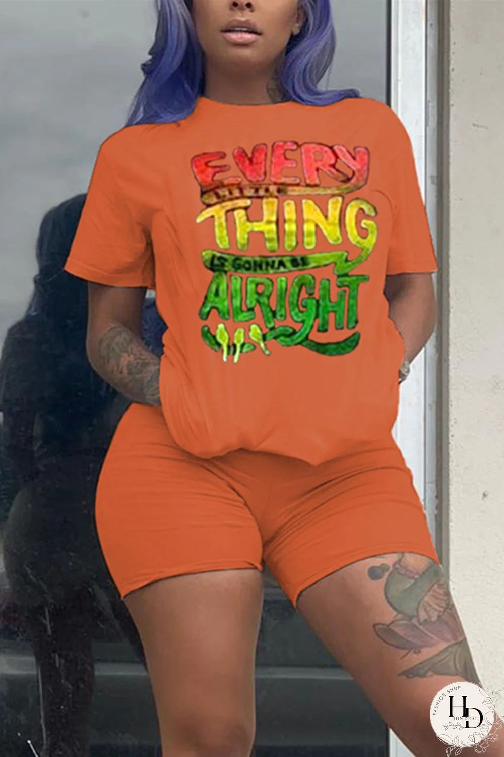 Orange Fashion Casual Letter Print Short Sleeve Two Pieces