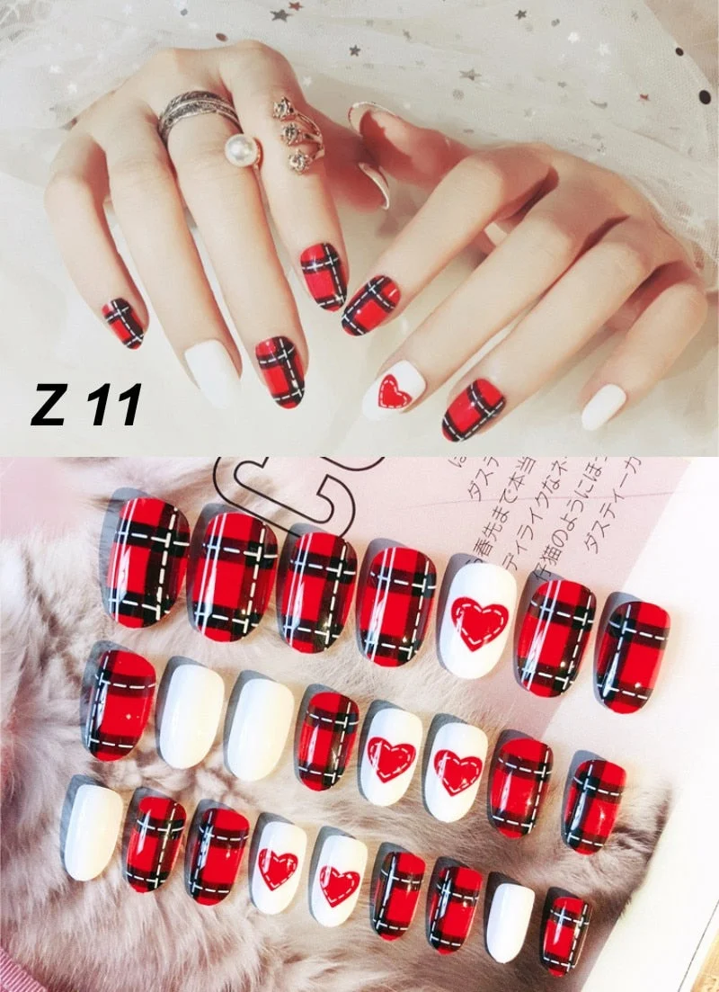 24 Pcs/Set False Nails Full Cover Artificial Fake Nails Press On Tips Painted Design Stickers Short Art Tips with Color Cute Red-Nail Inspo