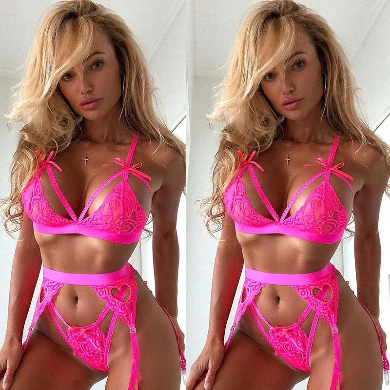 Plus Size Women Lingerie Set Perspective Lace Bra Hollow Out Thong Garter Set Sexy Women Underwear Sex Product 1118