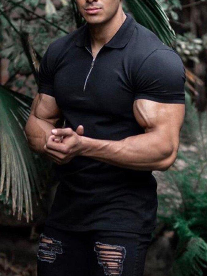 Mens Lapel Plain Sports Fitness Short Sleeve T-Shirt
