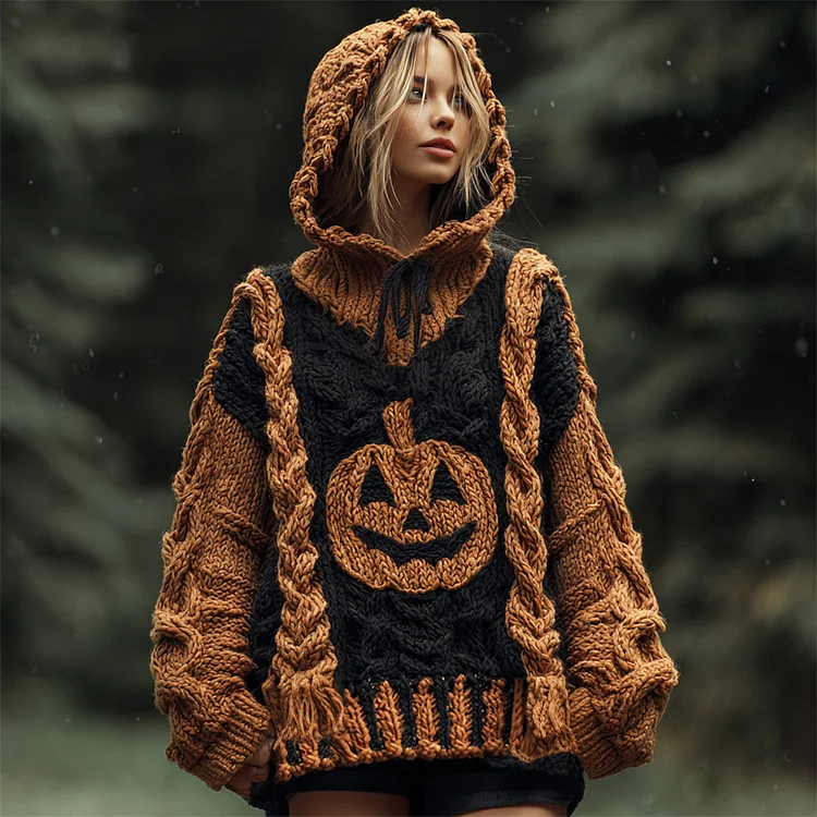 Halloween Pumpkin Light Emoji Women's Chunky Knit Hooded Sweater