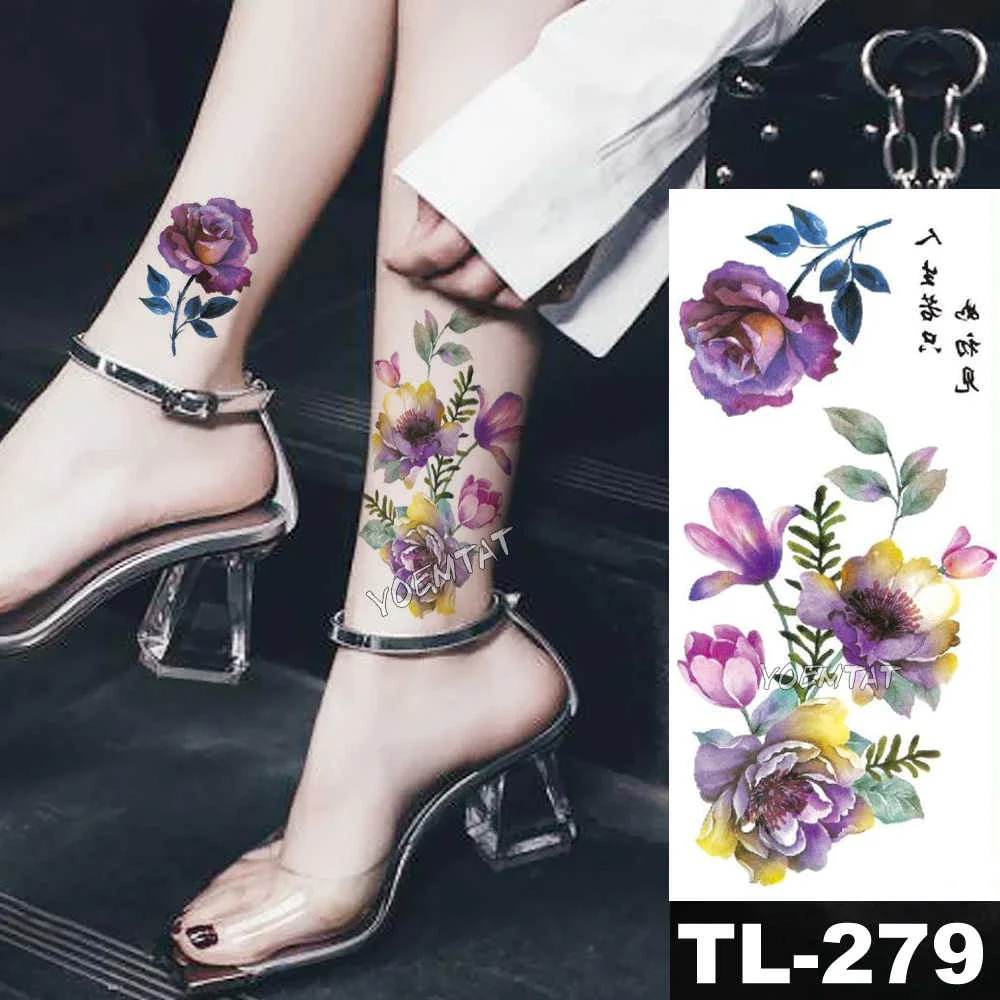 Sdrawing Watercolor Rose Lily Flower Waterproof Tattoo Stickers Women Body Chest Art Temporary Tatto Girl Waist 3D Flowers Tatoo