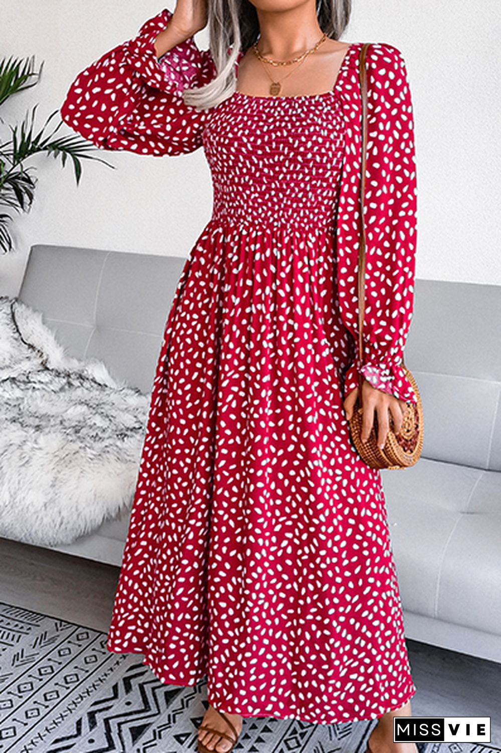 Elegant Print Flounce Fold Square Collar Dresses