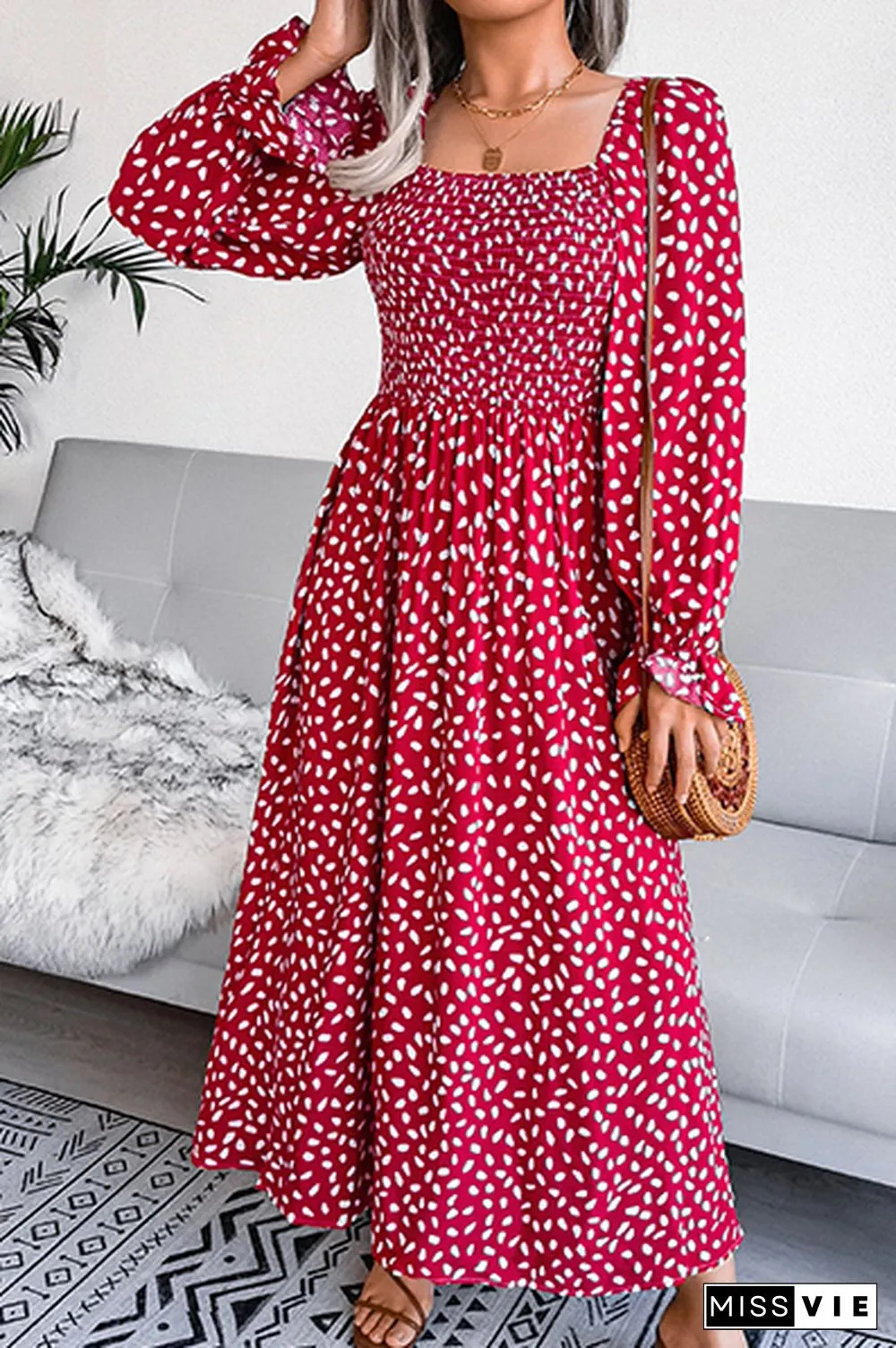 Elegant Print Flounce Fold Square Collar Dresses