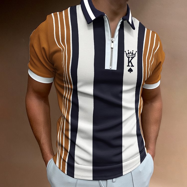 Men's Casual King Stripe Graphic Print Short Sleeve Zipper Polo Shirt