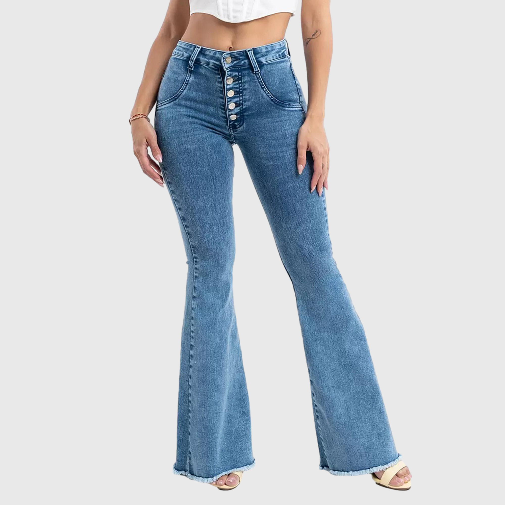 High Waisted Bell Bottom Jeans Stretch Casual Raw Hem Denim Pants wearshes