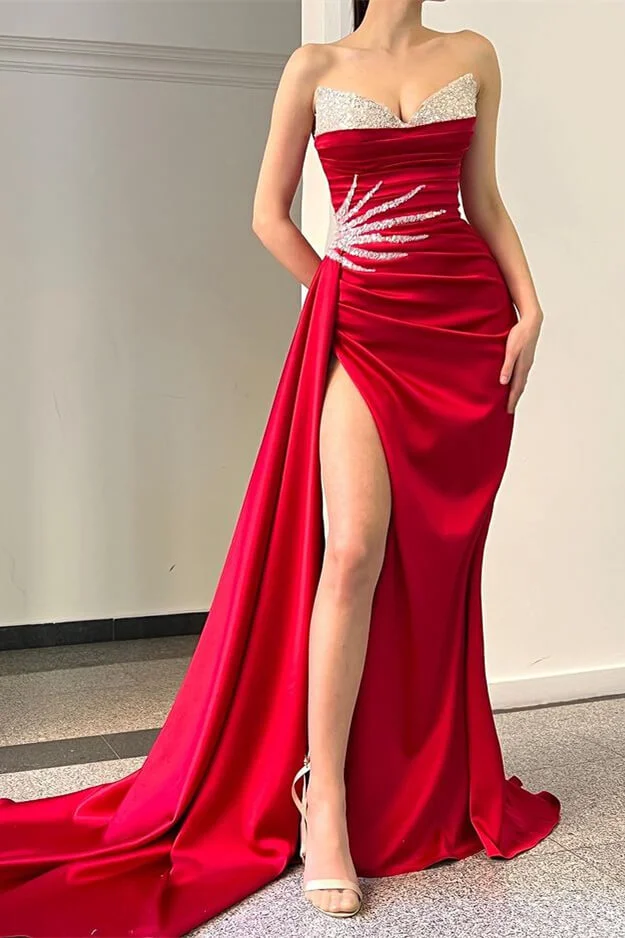 Bellasprom Red Sweetheart Mermaid Evening Dress Long Split With Sequins
