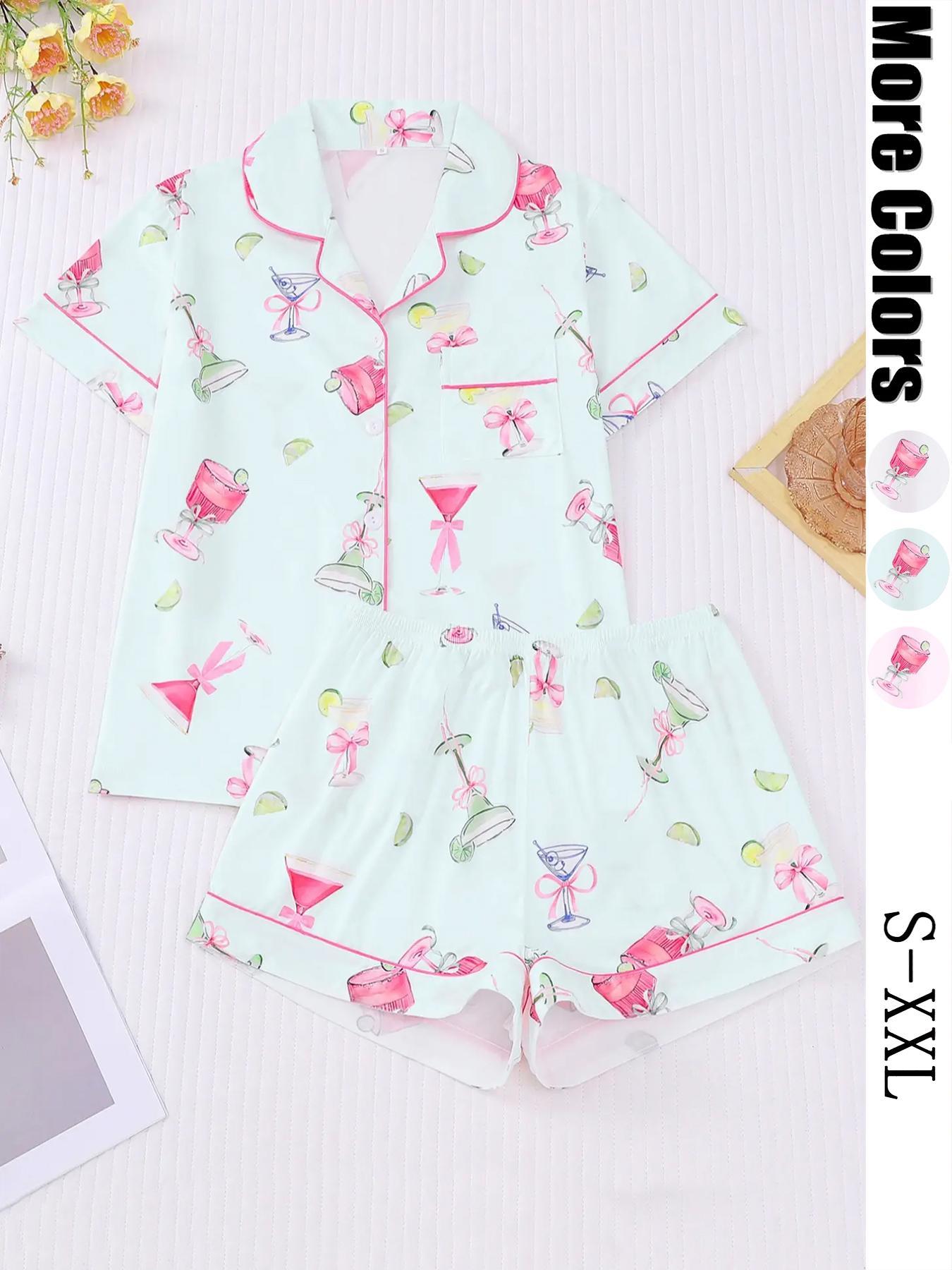 Women's All-Over Cocktail Print Button Front Shirt & Elastic Waist Shorts Pyjama, Casual Comfy Pjs Short Sleeve Top & Shorts Pajamas Set, Ladies Sleepwear for All Seasons, Loungewear, Casual Pajamas Outfit