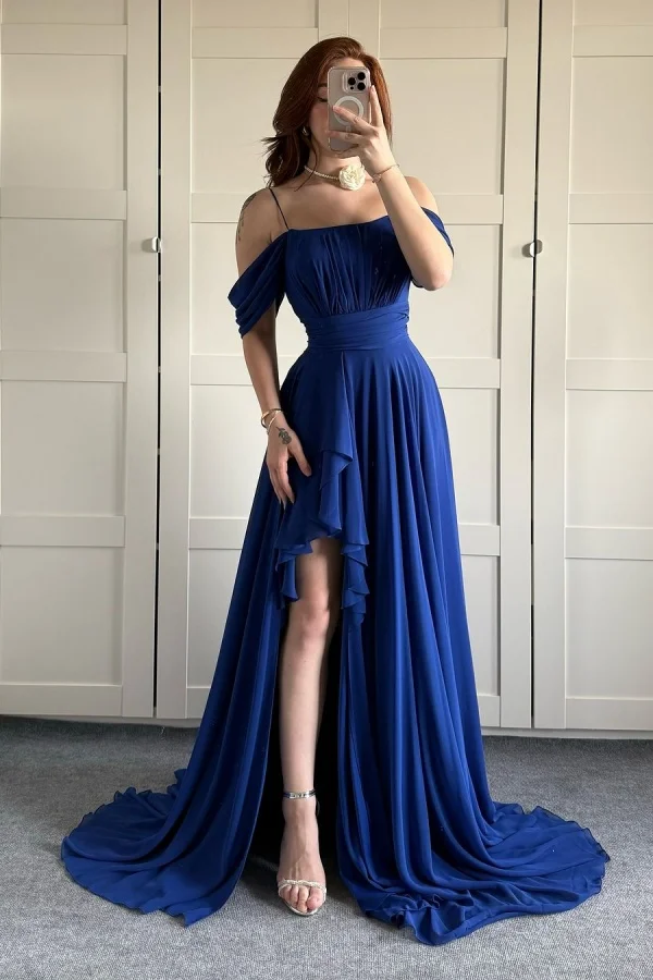 Lisliy Royal Blue Elegant Split Spaghetti-Straps Off-The-Shoulder Prom Dress 