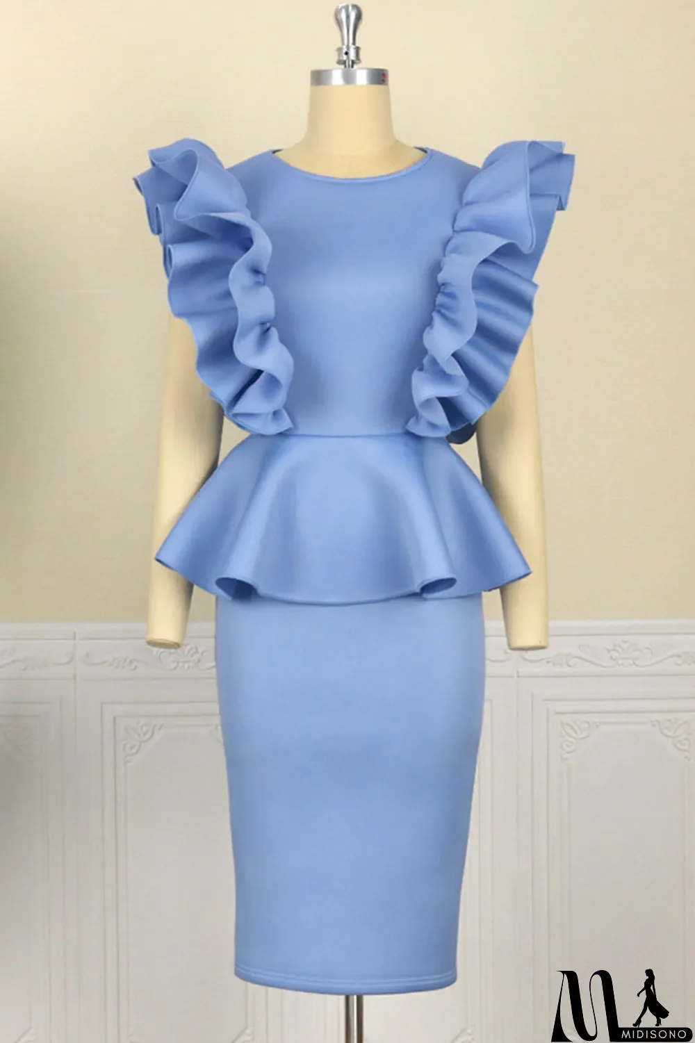 MidiSono - Sky Blue Fashion Sexy Solid Split Joint Flounce O Neck Pencil Dresses