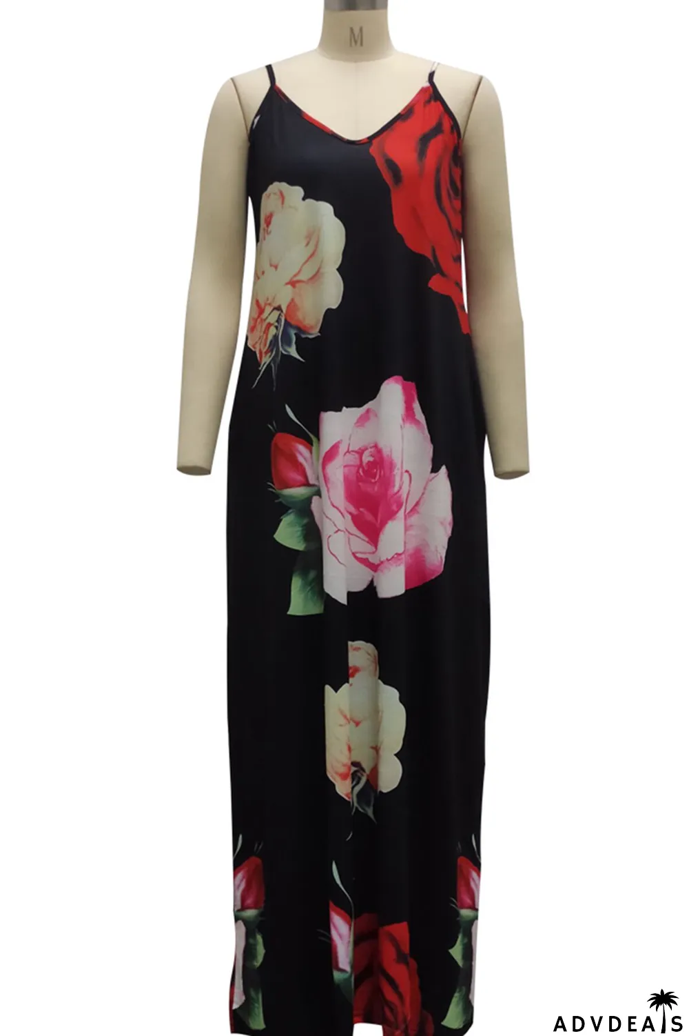 Black Sexy Print Split Joint Spaghetti Strap Straight Dresses