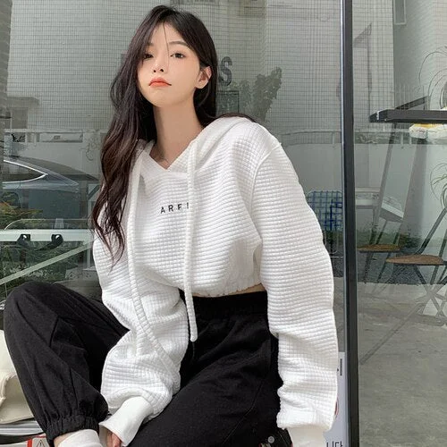 Casual waffle cotton long sleeve hooded sportswear women&#39;s spring 2022 Korean loose skirt multifunctional age reducing top