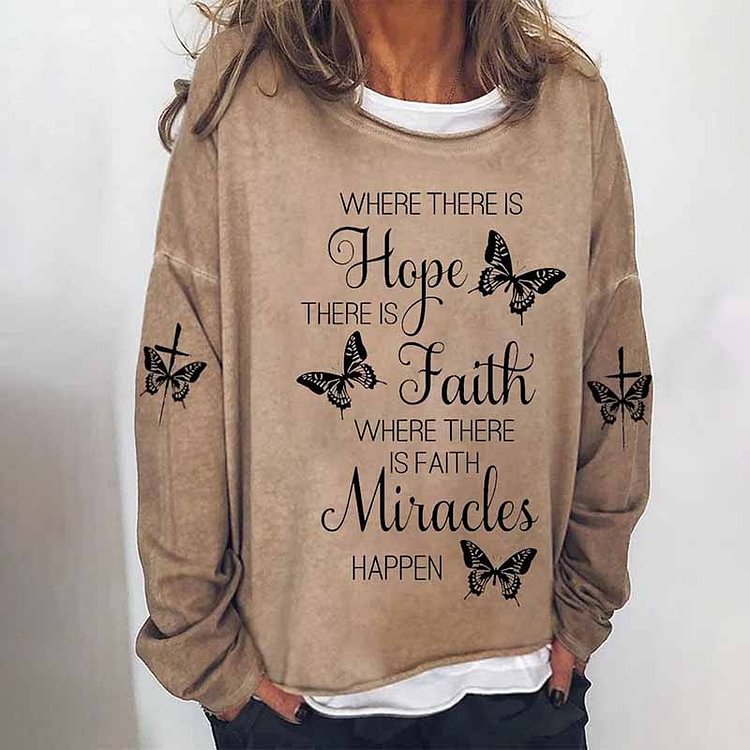 Comstylish Faith Hope Miracles Cross Butterfly Printed Long Sleeve Sweatshirt