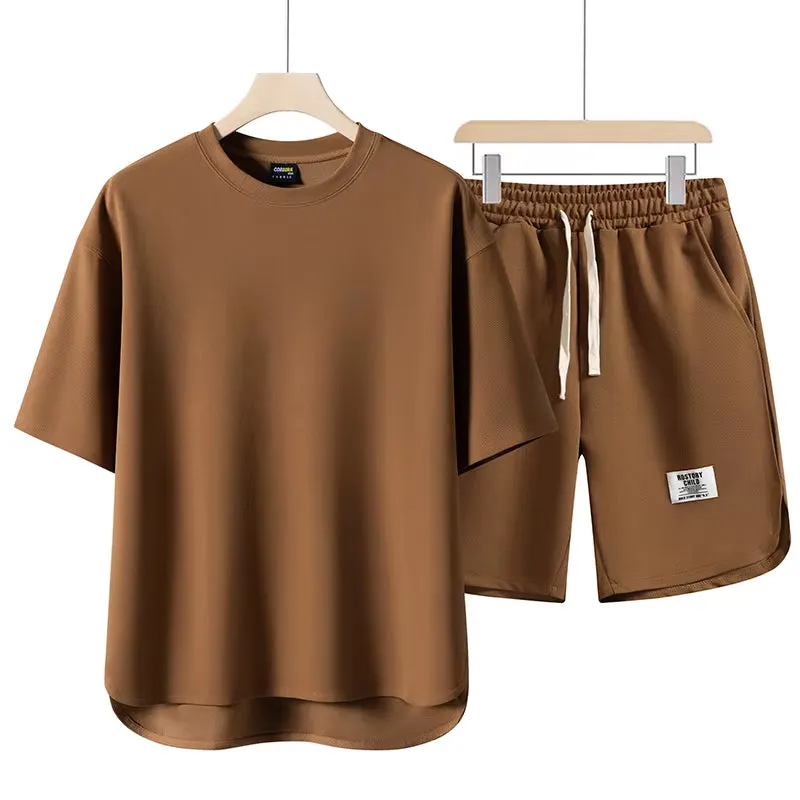 Men's Cotton-Blend Lounge Set &ndash; Drop-Shoulder Tee & Shorts Co-ord &ndash; Green