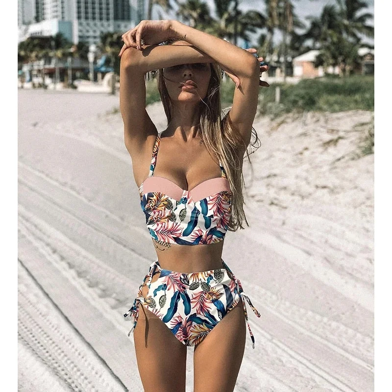 High Waist Bikini Set 2021 mujer Push Up Bandage Bikini Swimwear Women Floral Two Pieces Swimsuit Strappy biquinitraje de ba&ntilde;o