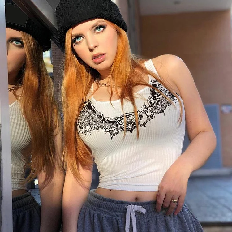 GOTH BAT PRINTED WHITE CROP TOP