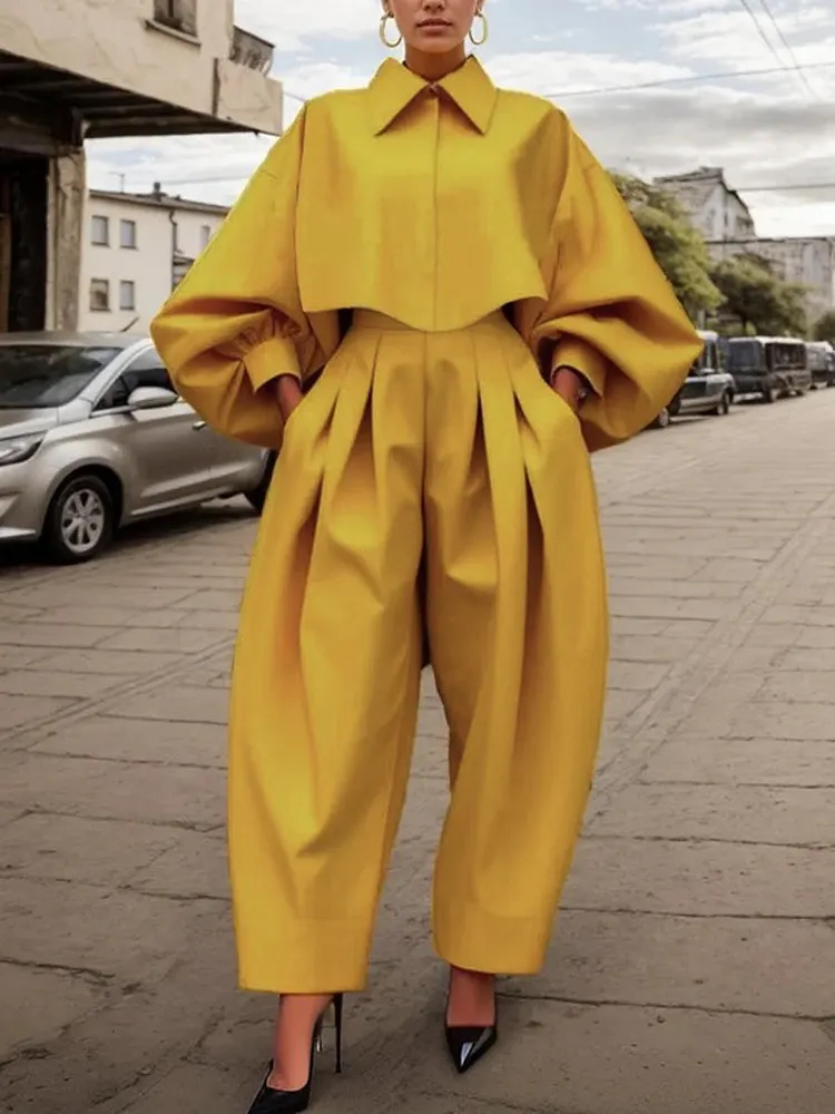 Long Sleeves Loose Buttoned Pleated Pockets Solid Color Lapel Two Pieces Set