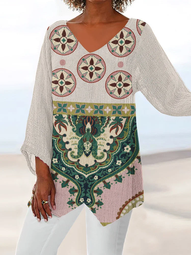 Women Asymmetrical 3/4 Sleeve V-neck Geometric Printed Graphic Top Dress