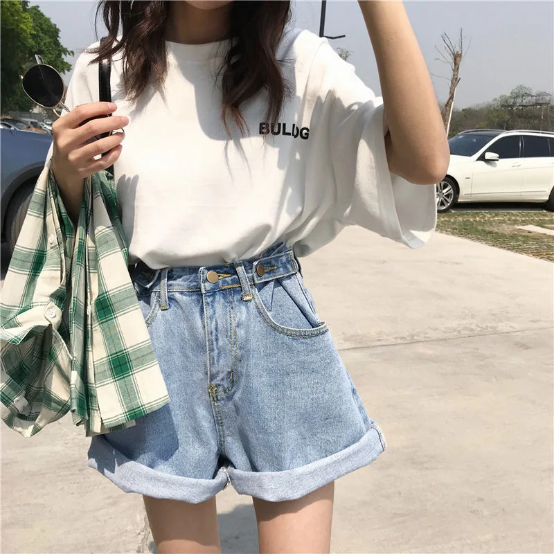 FTLZZ New Summer Women High Waist Blue Denim Shorts Vintage Female Wide Leg Solid Color Loose Jeans Shorts