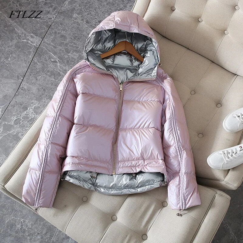 FTLZZ Winter Jacket Women Gold Silver Double Sided Down Coat Hooded White Duck Down Parkas Female Warm Snow Waterproof Outerwear