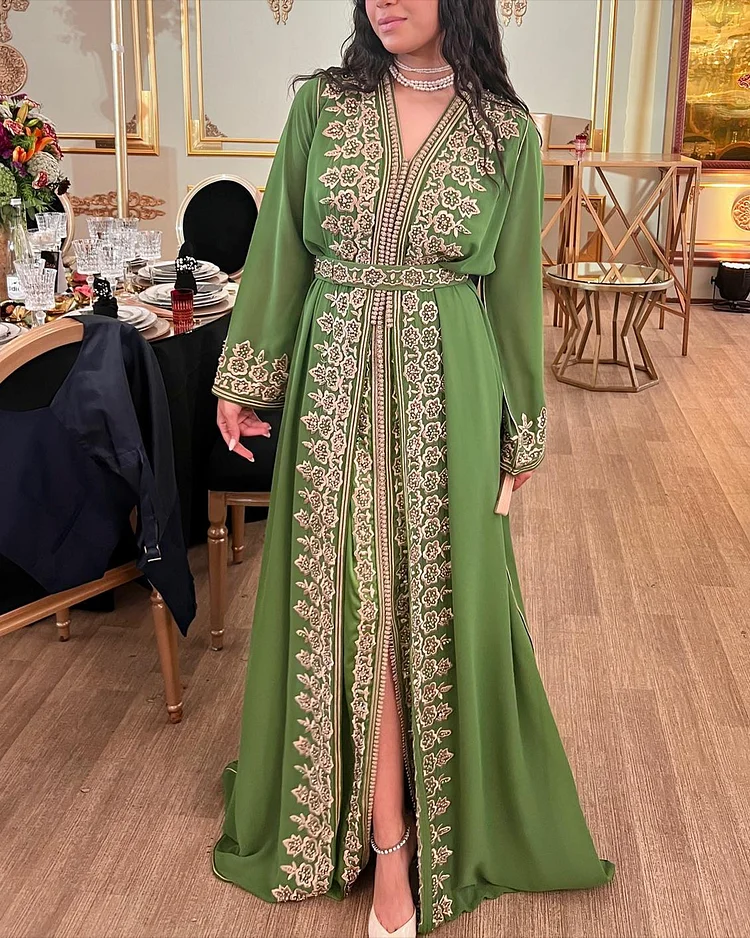 Women's V-Neck Long Sleeve Embroidered Kaftan Dress