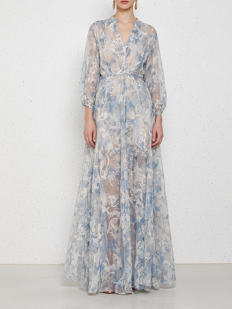 Chiffon Waist Long Sleeve Dress