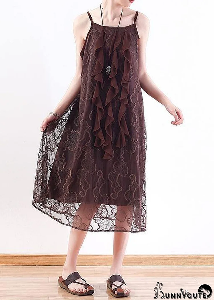 Women chocolate Lace tunic top stylish pattern sleeveless A Line summer Dresses