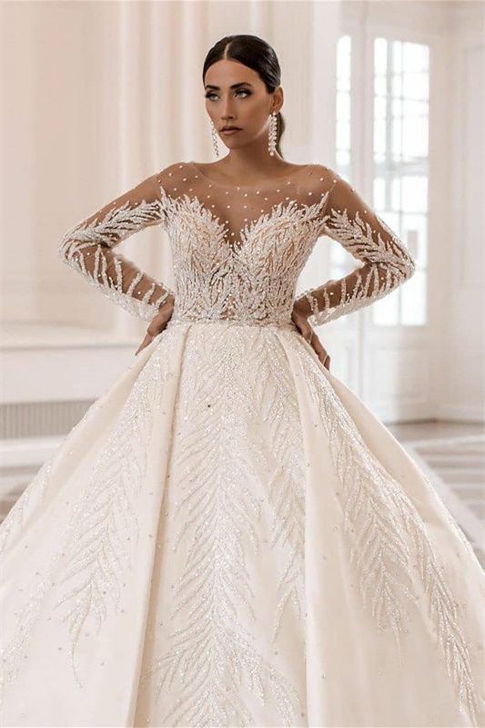 Oknass Bateau Long Sleeves Wedding Dress Ball Gown With Applique
