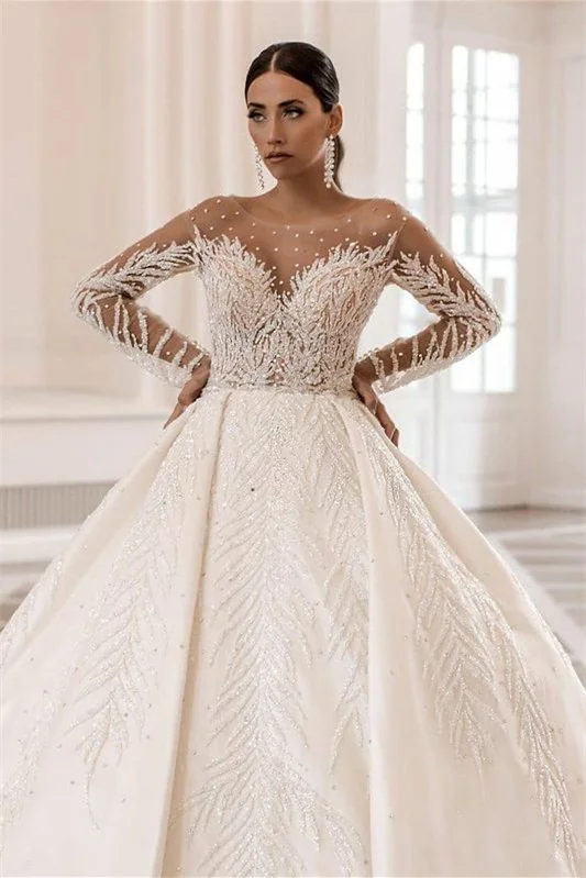 Daisda Bateau Long Sleeves Wedding Dress Ball Gown With Applique