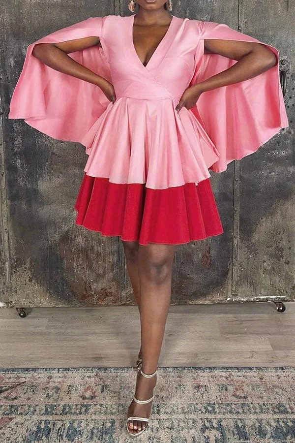Color Block Stunning Cape Sleeve Mini Dress