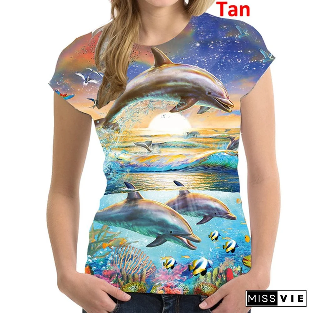 Summer New Animal Funny Dolphin 3D Printing Women's Short-sleeved T-shirt fashion Personality Hip-hop Cartoon Dolphin Casual Round Neck Sports T-shirt Top Harajuku Style Shirt