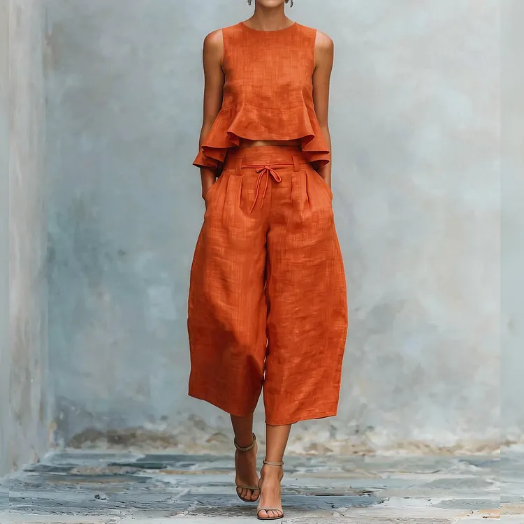 Women's Ruffled Linen-blend Two-piece Set