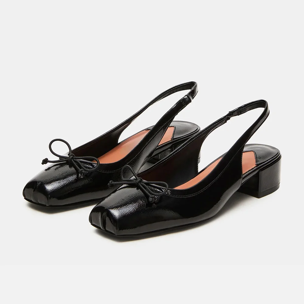 Women's Elegant Black Square Toe Bow Slingback Low Block Heel Pumps