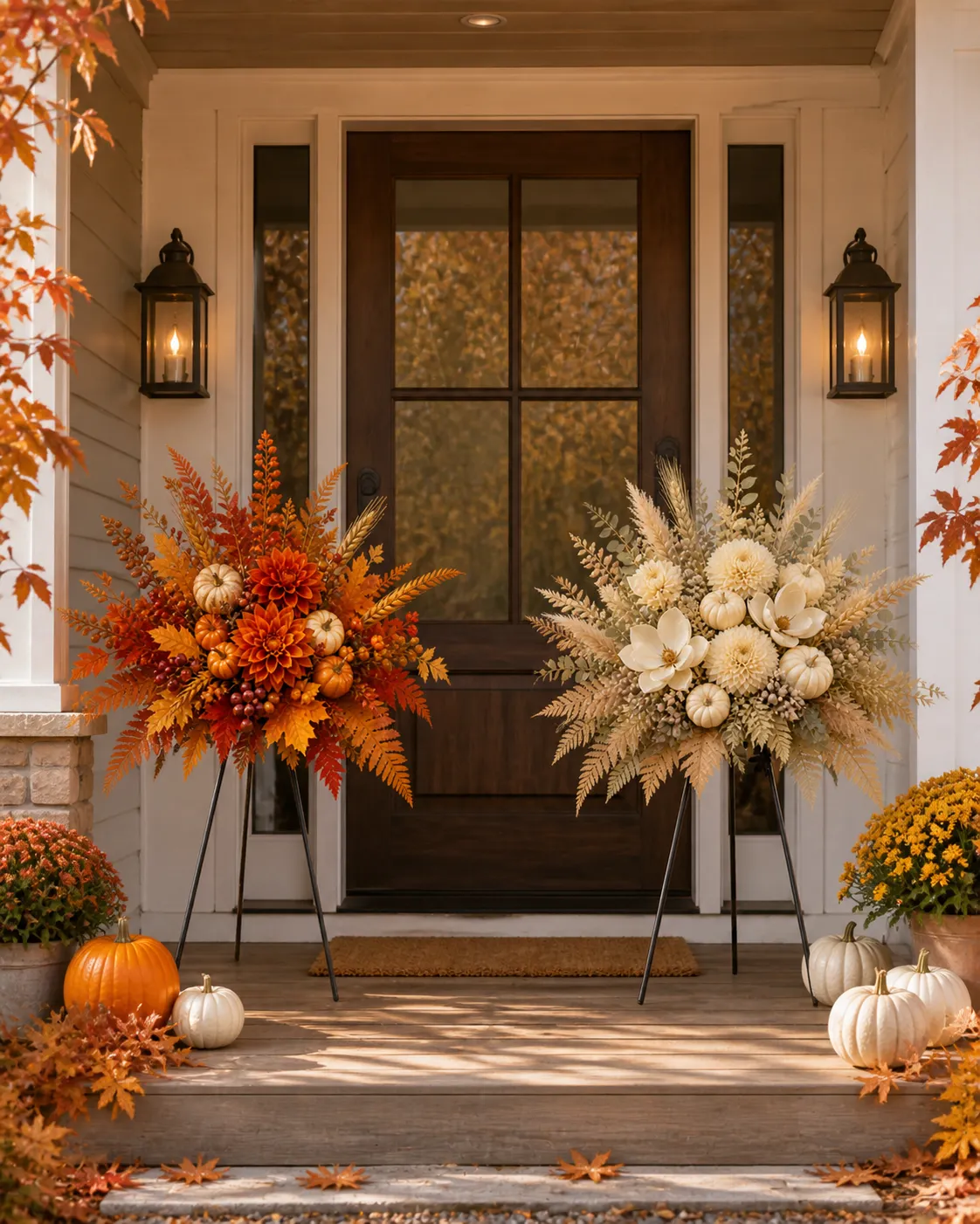 Two harvest floral garden stakes framing an American farmhouse front door