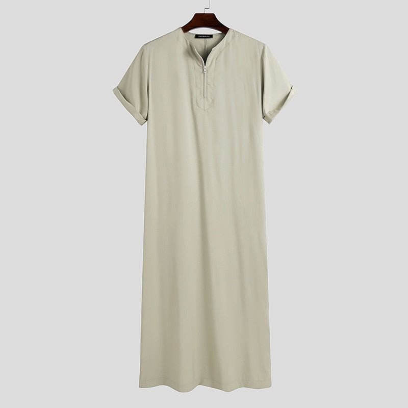 INCERUN Men Muslim Kaftan Short Sleeve Solid Color O Neck Jubba Thobe Abaya Casual Dubai Saudi Arabia Islamic Men Robes S-5XL