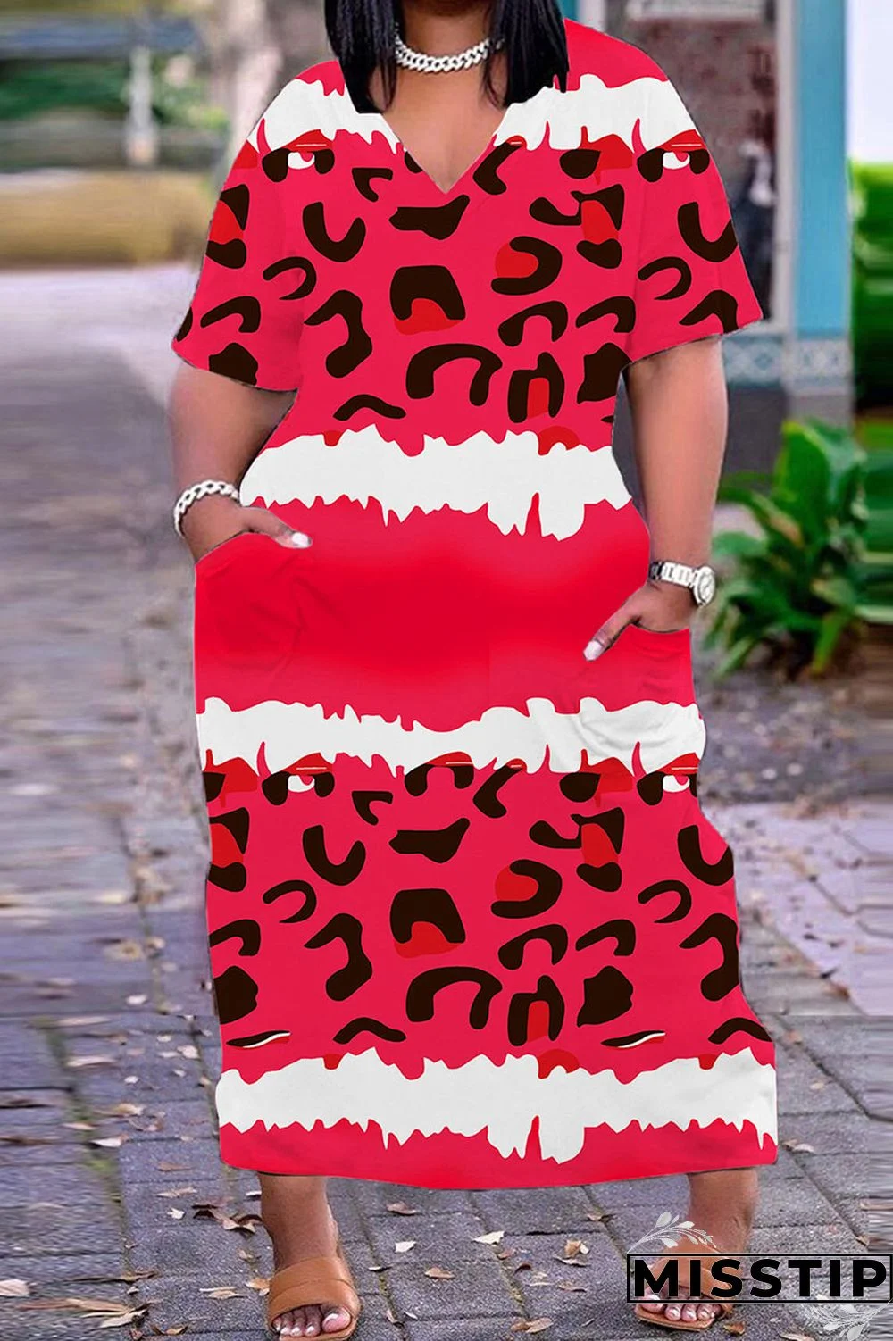Red Casual Print Basic V Neck Short Sleeve Dress Dresses