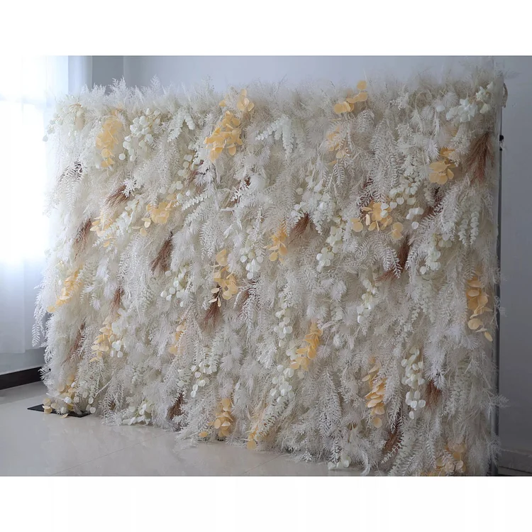Unveils: The Enchanted Snowscape &ndash; A Majestic Artificial Fabric Flower Wall of Wintry Whites and Golden Blooms-VF-208